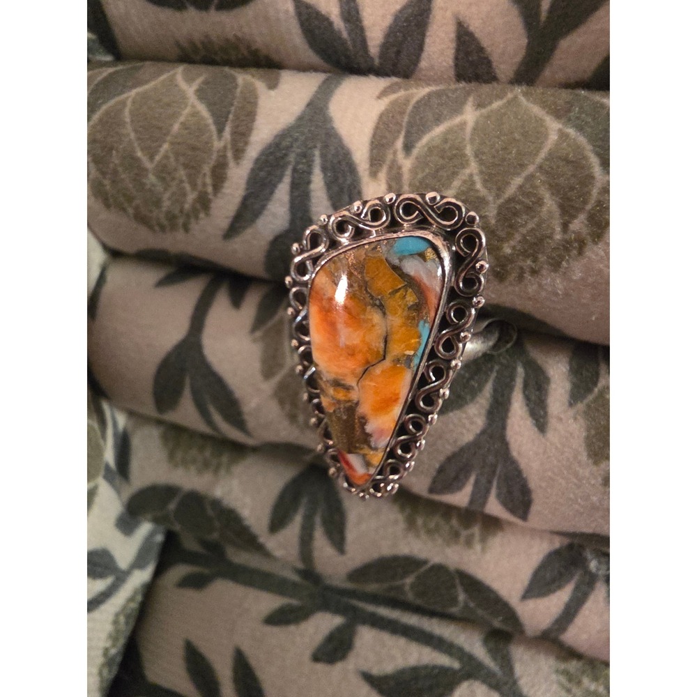 Sterling Silver Spiny Oyster Turquoise Teardrop Filigree Statement Ring Sz 4.75